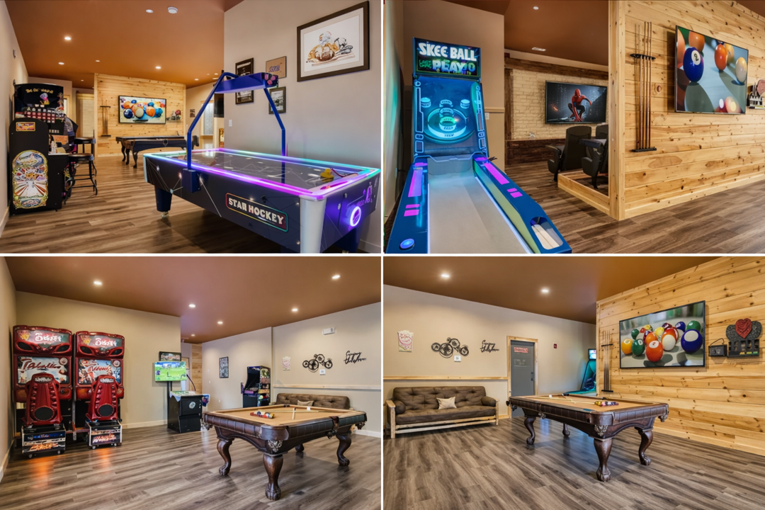 Game room with billiards and arcade games
